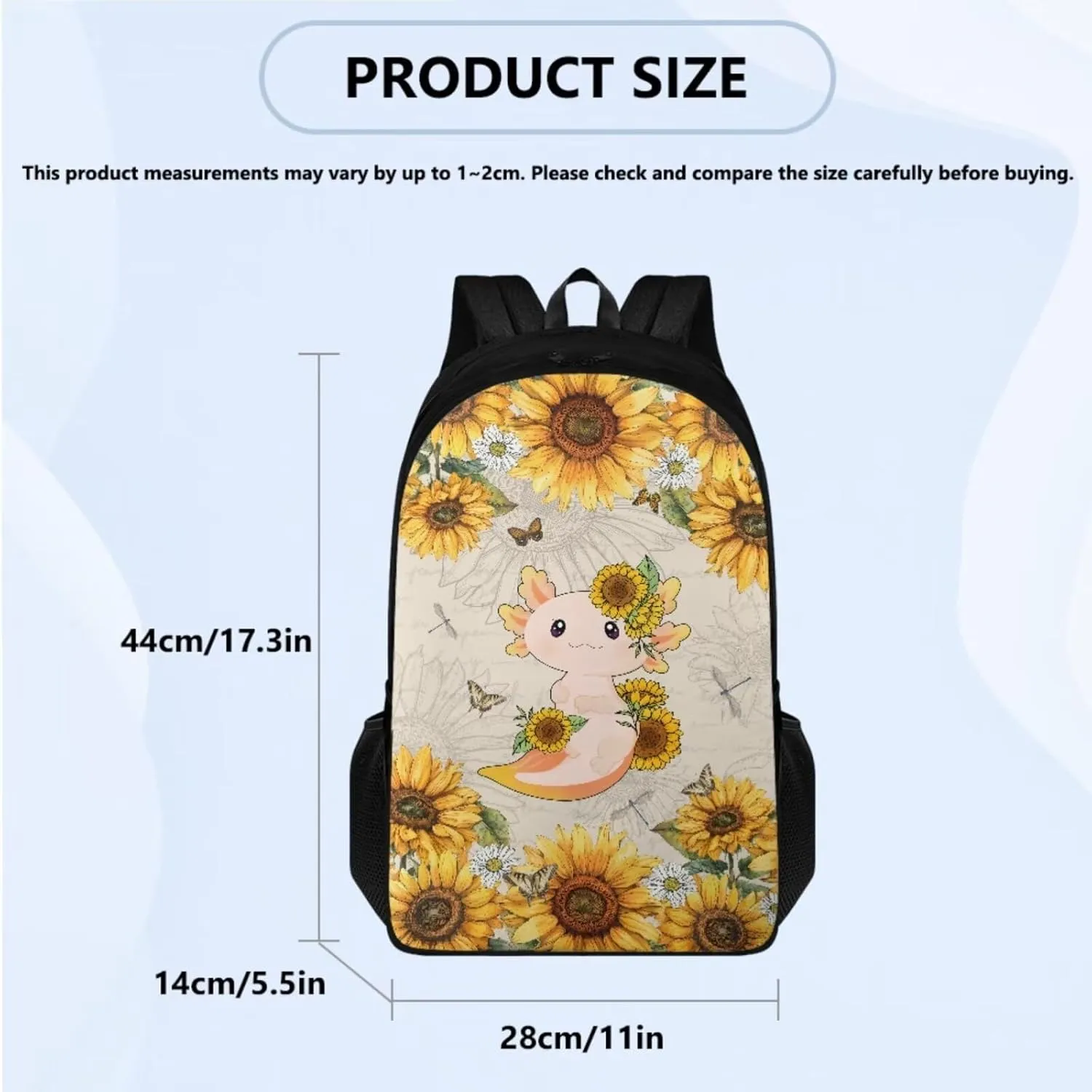 Axolotl Sunflower 4 Piece Backpack Set for Girls Cute School Backpack for Girls with Lunch Box Kawaii Kids Bookbag Girls Lightweight Hiking Travel Backpack 4 Pcs Set