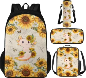Axolotl Sunflower 4 Piece Backpack Set for Girls Cute School Backpack for Girls with Lunch Box Kawaii Kids Bookbag Girls Lightweight Hiking Travel Backpack 4 Pcs Set