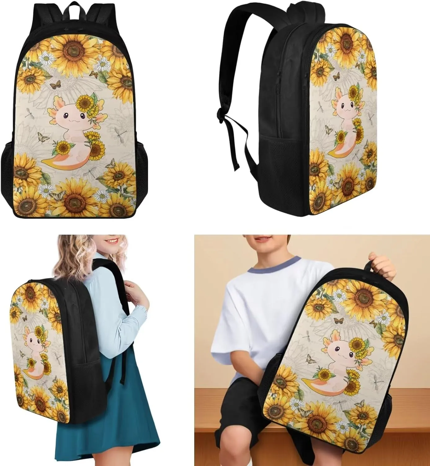 Axolotl Sunflower 4 Piece Backpack Set for Girls Cute School Backpack for Girls with Lunch Box Kawaii Kids Bookbag Girls Lightweight Hiking Travel Backpack 4 Pcs Set