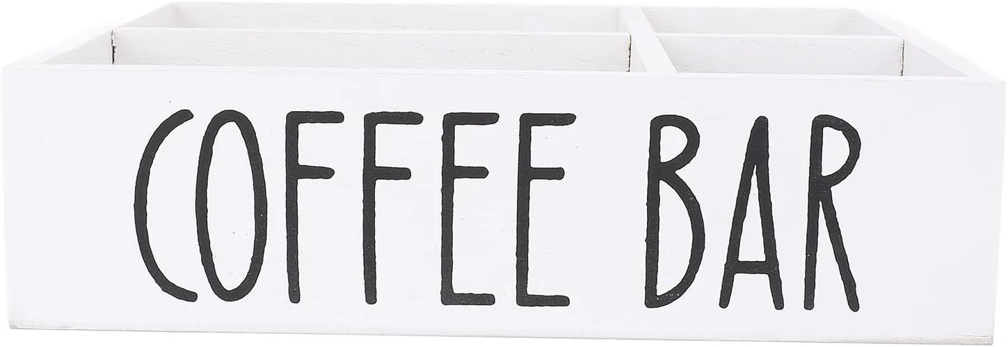 AYNEFY Coffee Station Organizer, Wooden Coffee Bar Countertop Storage Basket with 4 Compartments Divider for Organizing Tea Bags Sugar Packets Stir Sticks Coffee Pods 30x20x18cm (White)