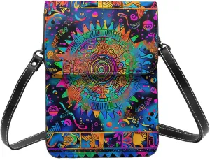 Aztec ancient moons suns tribe neon colorful Leather Small Crossbody Bags for Women Cell Phone Bag Wallet Purses with Adjustable Strap