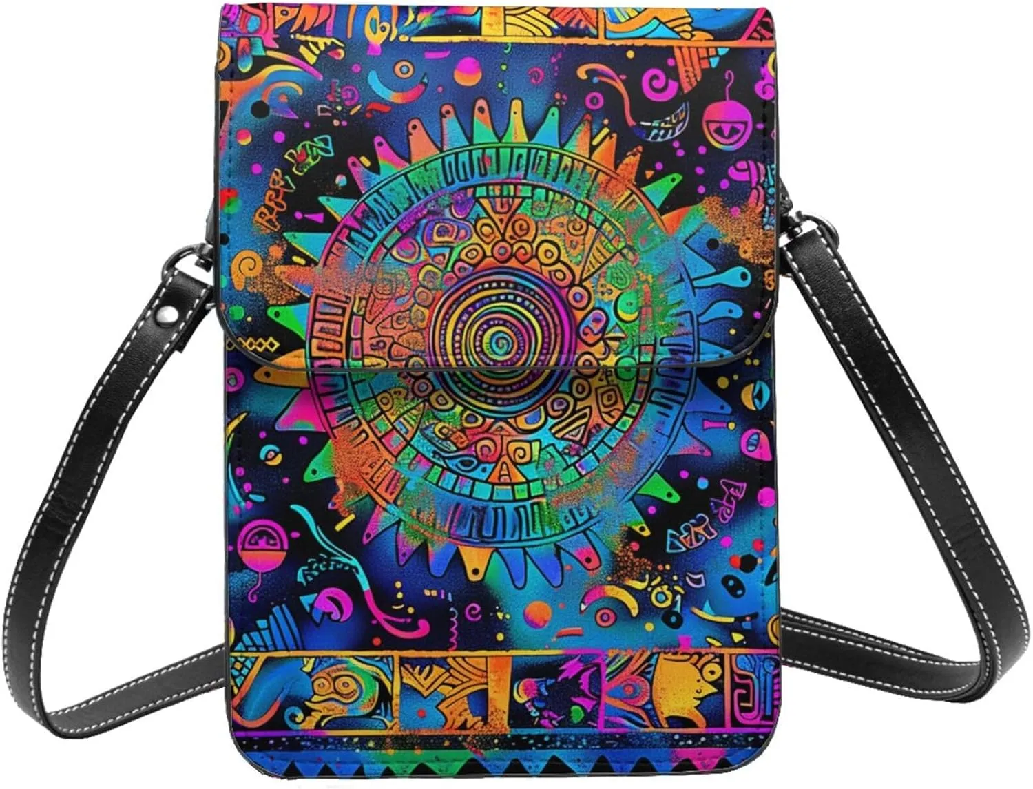Aztec ancient moons suns tribe neon colorful Leather Small Crossbody Bags for Women Cell Phone Bag Wallet Purses with Adjustable Strap