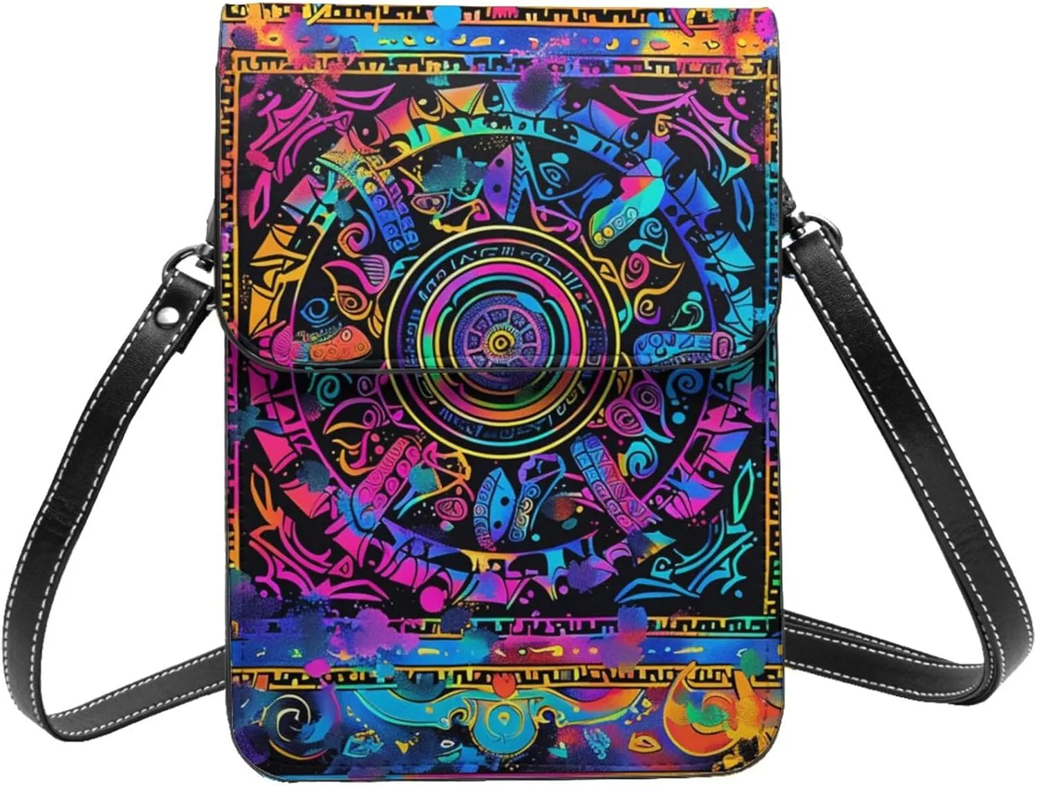 Aztec ancient suns moons tribe neon colorful Leather Small Crossbody Bags for Women Cell Phone Bag Wallet Purses with Adjustable Strap