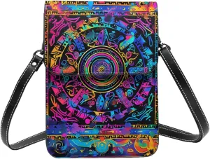 Aztec ancient suns moons tribe neon colorful Leather Small Crossbody Bags for Women Cell Phone Bag Wallet Purses with Adjustable Strap