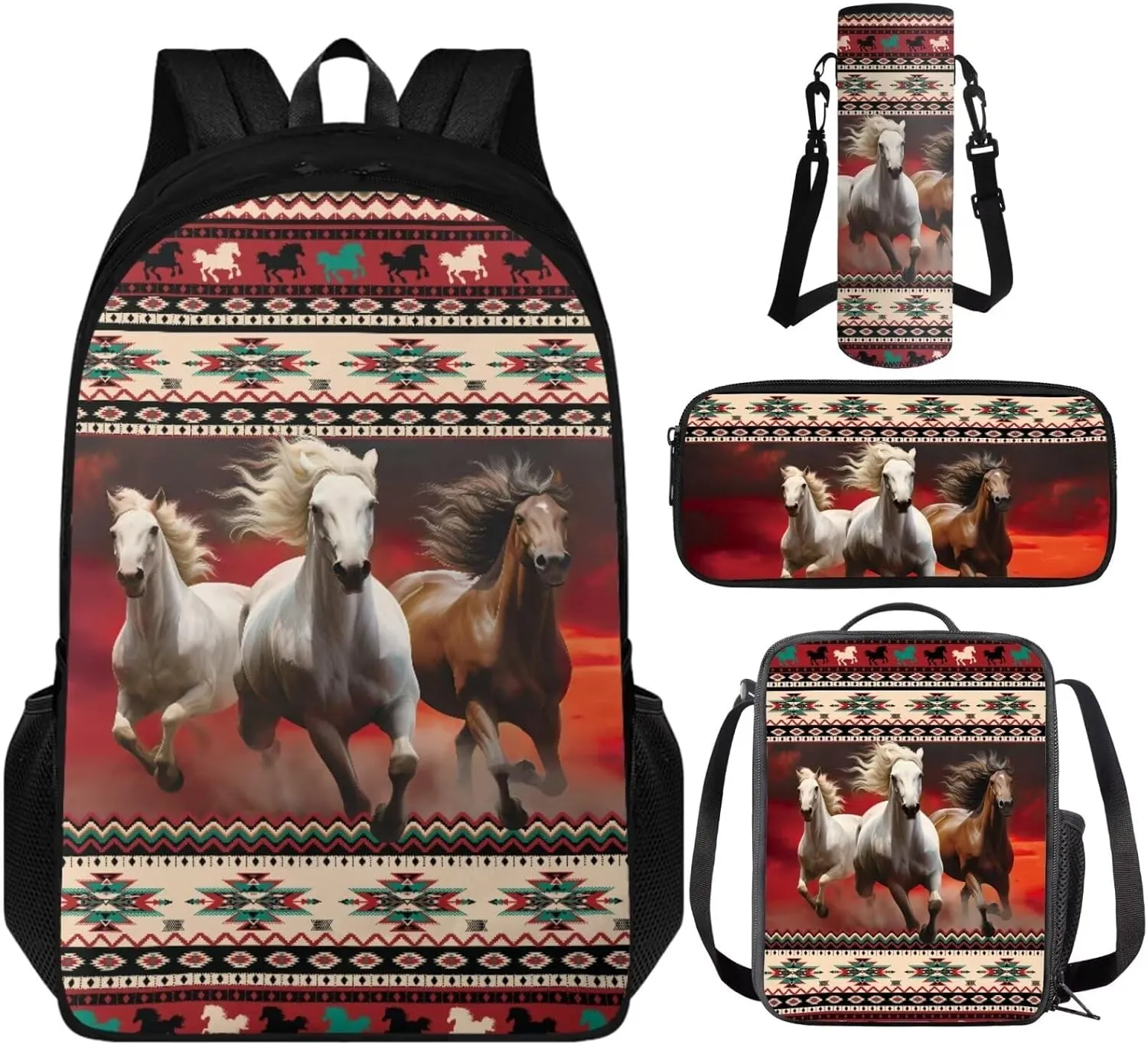 Aztec Horse 4 Piece Backpack Set for Girls Lunchbox and Backpack Set for Teens Girls Animal Themed School Bag Lightwieght Students Book Bags Daypack with Water Bottle Holder