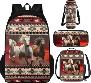 Aztec Horse 4 Piece Backpack Set for Girls Lunchbox and Backpack Set for Teens Girls Animal Themed School Bag Lightwieght Students Book Bags Daypack with Water Bottle Holder