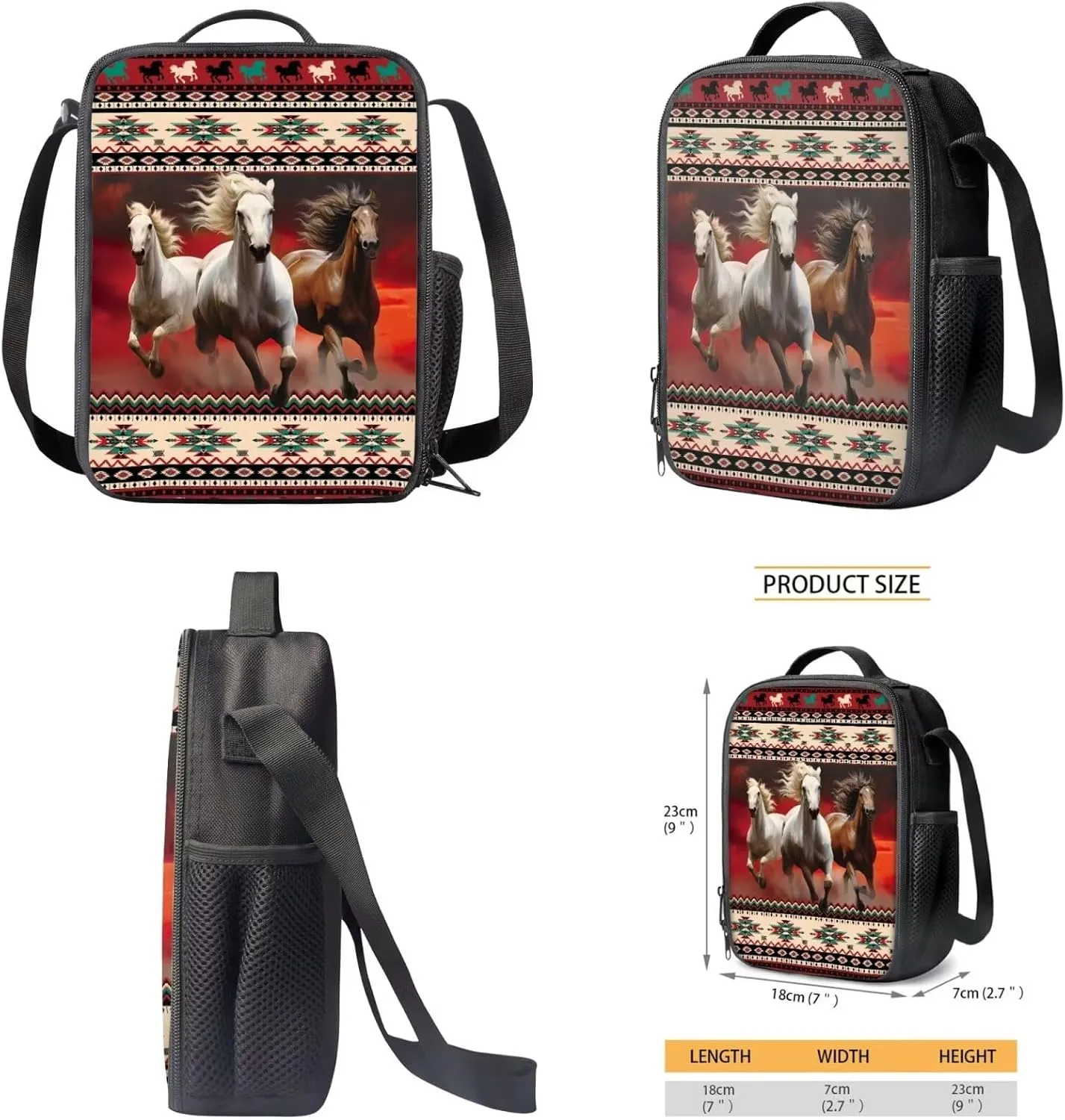 Aztec Horse 4 Piece Backpack Set for Girls Lunchbox and Backpack Set for Teens Girls Animal Themed School Bag Lightwieght Students Book Bags Daypack with Water Bottle Holder