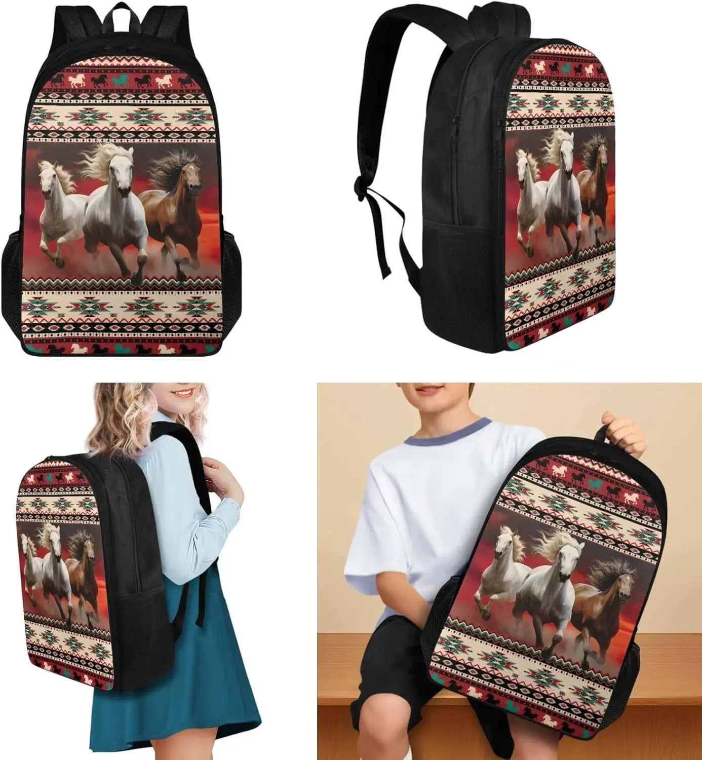 Aztec Horse 4 Piece Backpack Set for Girls Lunchbox and Backpack Set for Teens Girls Animal Themed School Bag Lightwieght Students Book Bags Daypack with Water Bottle Holder