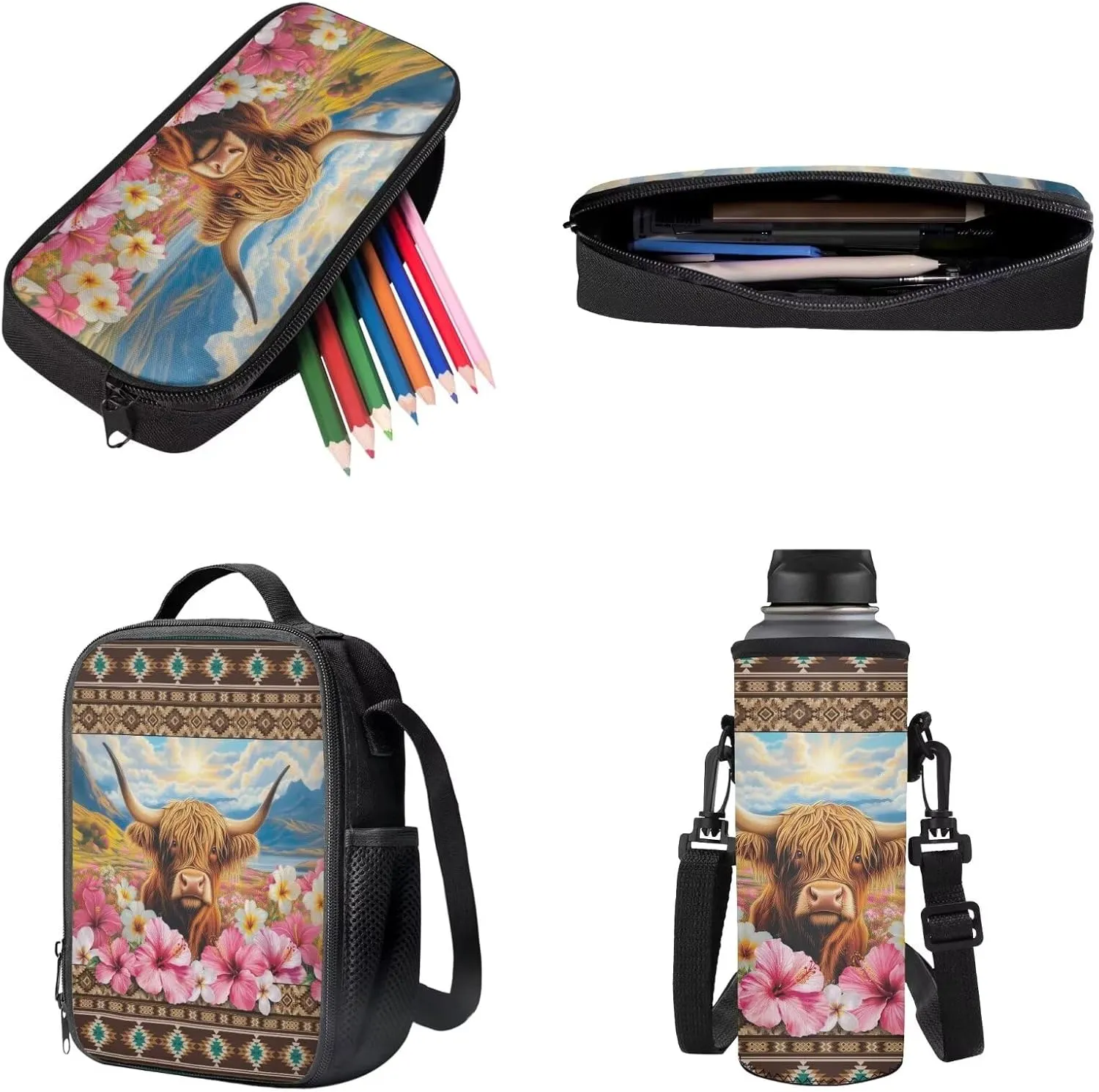 Aztec Tribe Cattle Hibiscus Floral Pattern 4Pcs School Supplies Set for Students 18 Inch Backpack with Lunch Bag, Water Bottle Holder, Pencil Case Large Capacity Bookbag for Kids