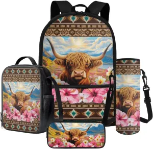 Aztec Tribe Cattle Hibiscus Floral Pattern 4Pcs School Supplies Set for Students 18 Inch Backpack with Lunch Bag, Water Bottle Holder, Pencil Case Large Capacity Bookbag for Kids