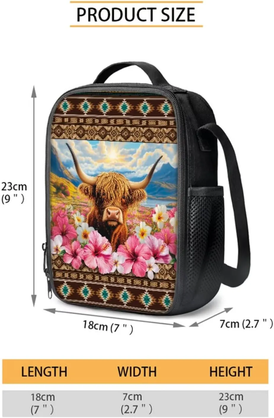 Aztec Tribe Cattle Hibiscus Floral Pattern 4Pcs School Supplies Set for Students 18 Inch Backpack with Lunch Bag, Water Bottle Holder, Pencil Case Large Capacity Bookbag for Kids