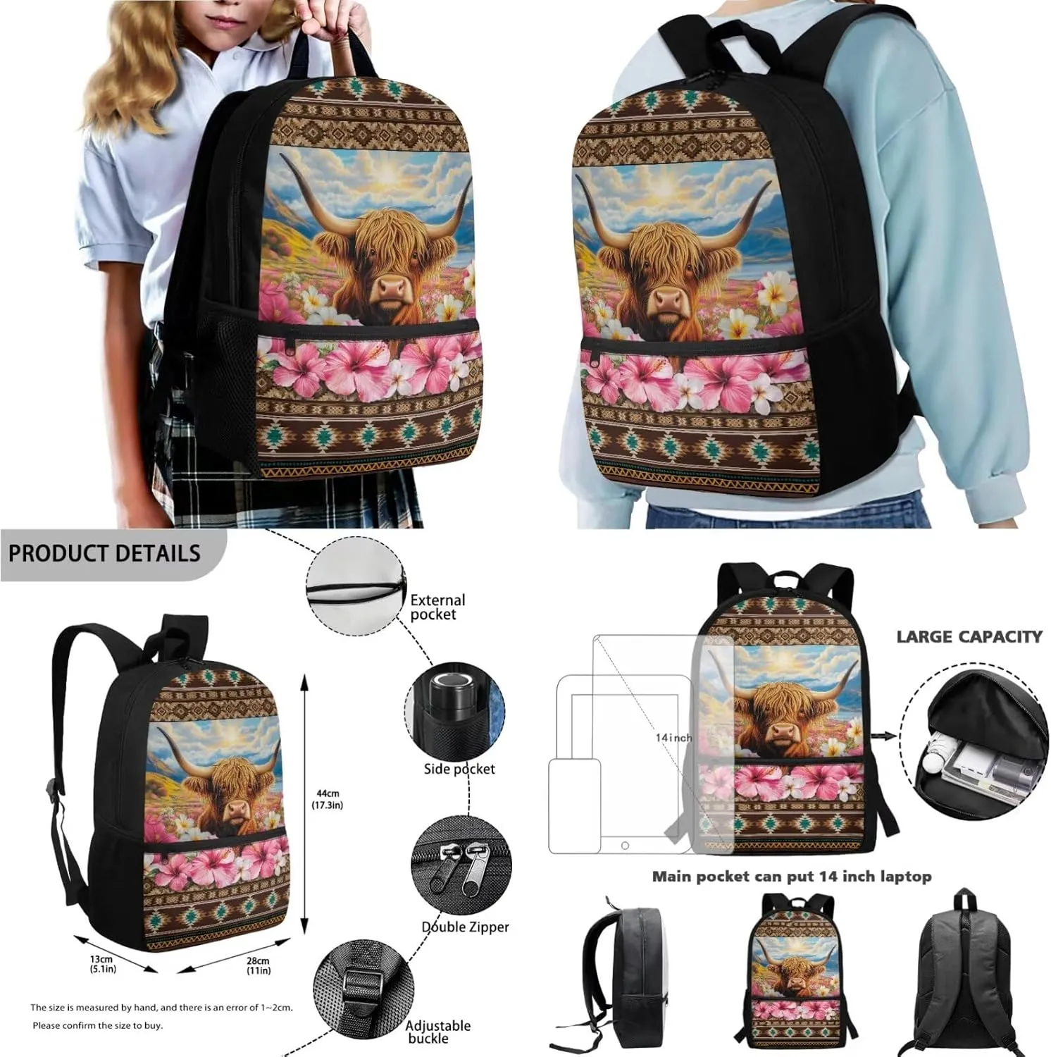 Aztec Tribe Cattle Hibiscus Floral Pattern 4Pcs School Supplies Set for Students 18 Inch Backpack with Lunch Bag, Water Bottle Holder, Pencil Case Large Capacity Bookbag for Kids