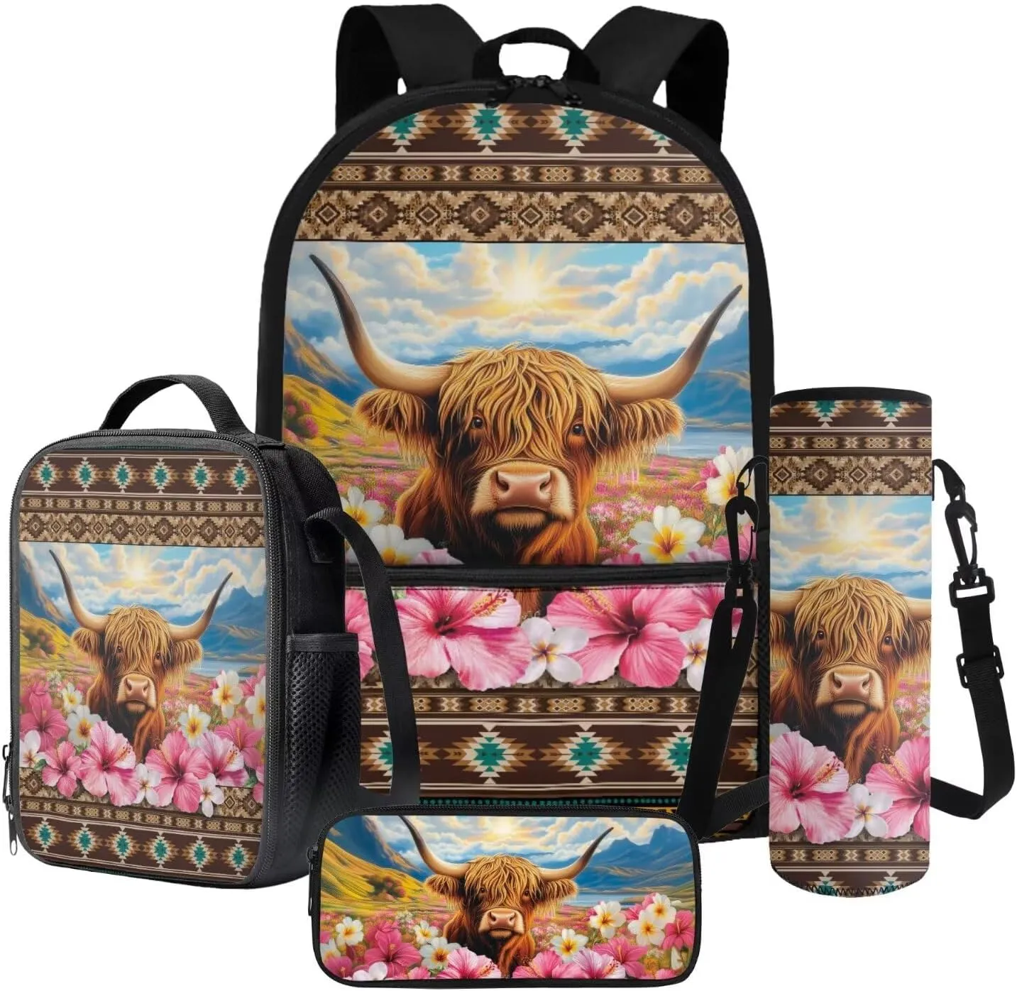 Aztec Tribe Cattle Hibiscus Floral Pattern 4Pcs School Supplies Set for Students 18 Inch Backpack with Lunch Bag, Water Bottle Holder, Pencil Case Large Capacity Bookbag for Kids