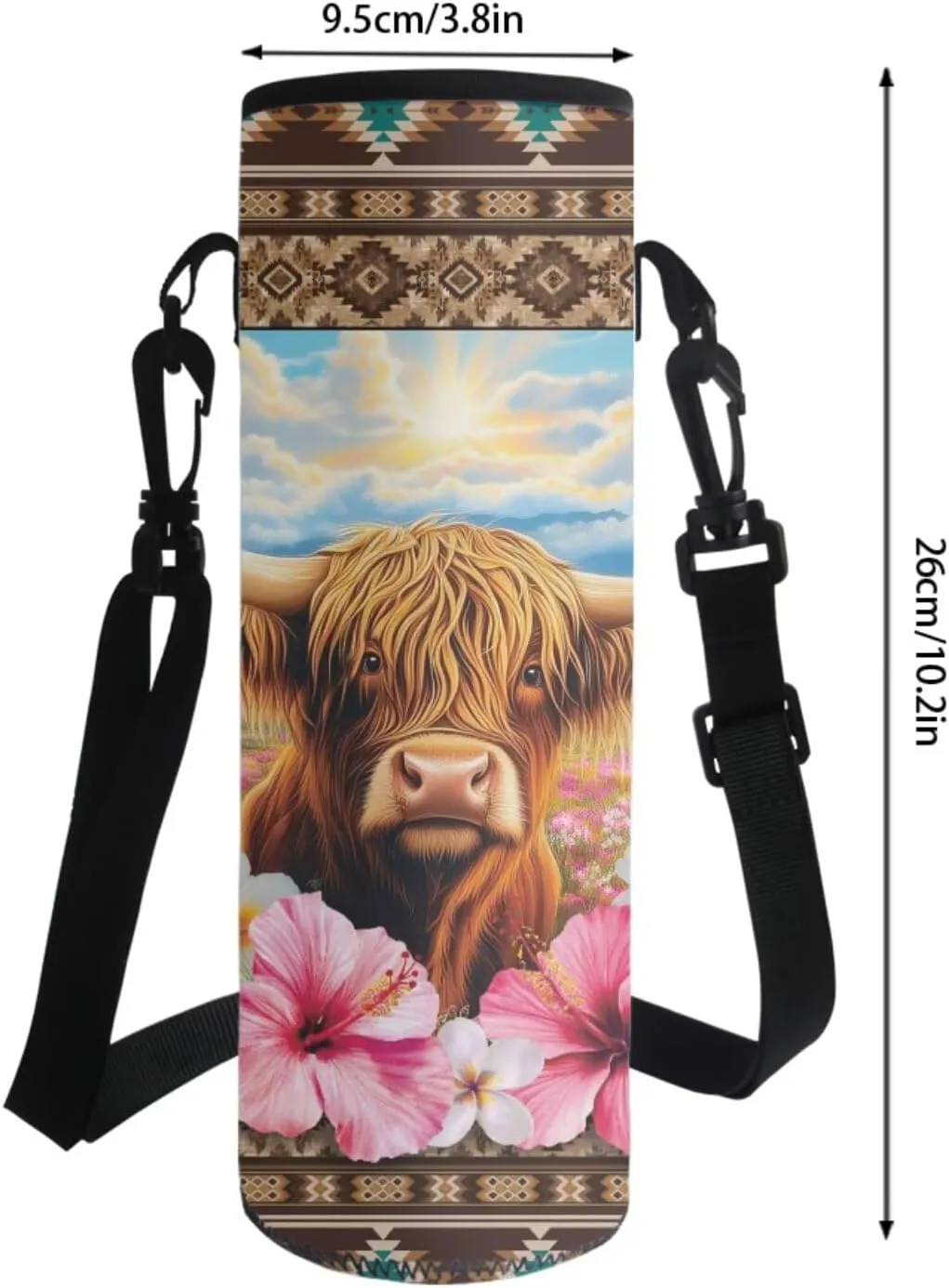 Aztec Tribe Cattle Hibiscus Floral Pattern 4Pcs School Supplies Set for Students 18 Inch Backpack with Lunch Bag, Water Bottle Holder, Pencil Case Large Capacity Bookbag for Kids