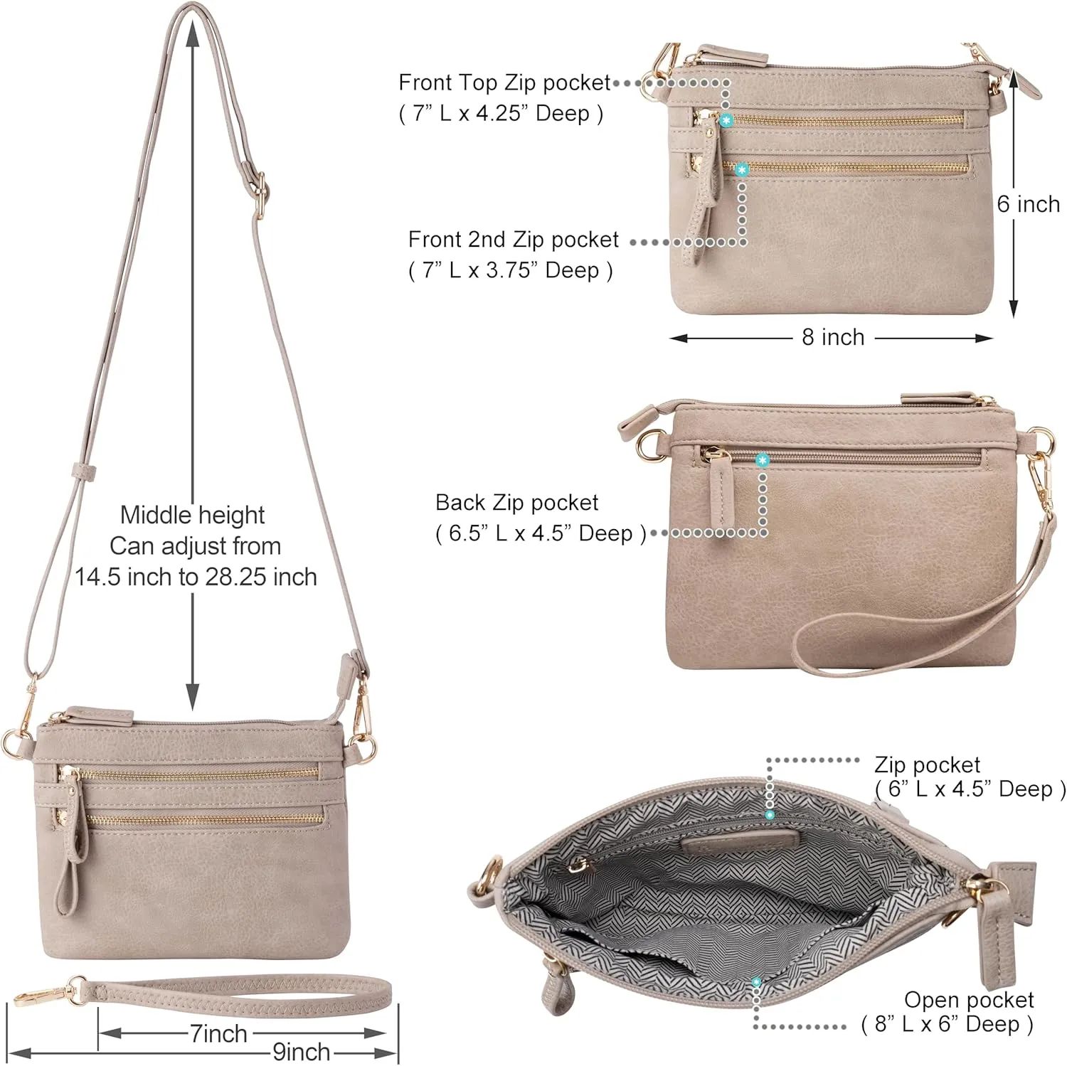 B BRENTANO Vegan Mini Multi-Zipper Crossbody Handbag Purse with Tassel Accents