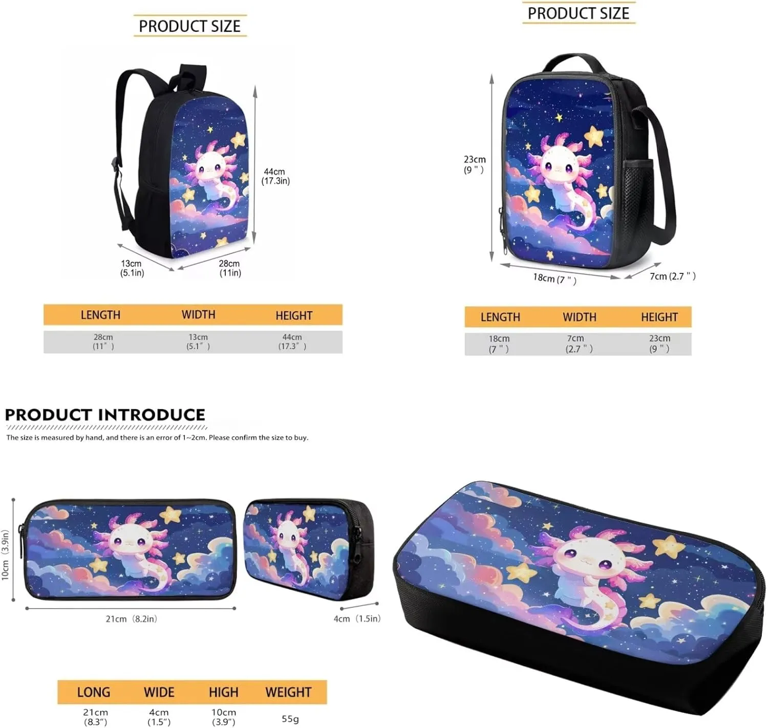 Babrukda Cute Axolotl Star Print School Bookbag Set Kids Teens Book Bag with Thermal Lunch Box Pencil Case 3pcs Backpack Set for Grade 1 2Nd Grade 3Rd Student Girls Boys Daypack with Side Pocket