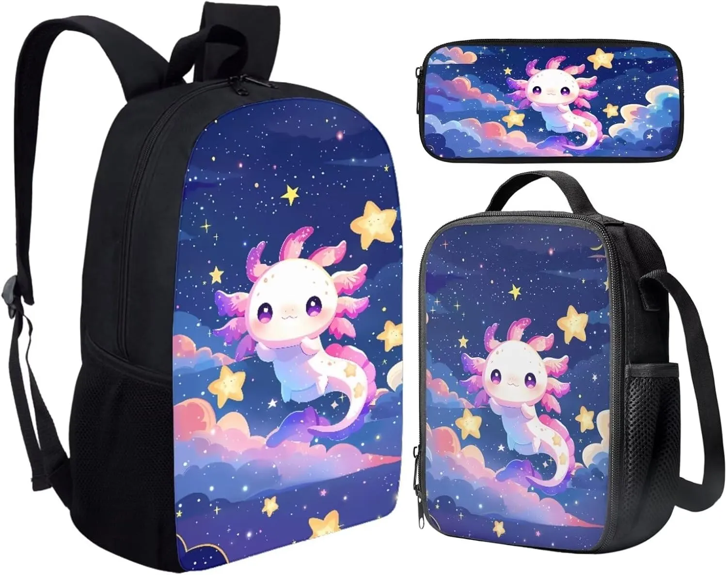 Babrukda Cute Axolotl Star Print School Bookbag Set Kids Teens Book Bag with Thermal Lunch Box Pencil Case 3pcs Backpack Set for Grade 1 2Nd Grade 3Rd Student Girls Boys Daypack with Side Pocket