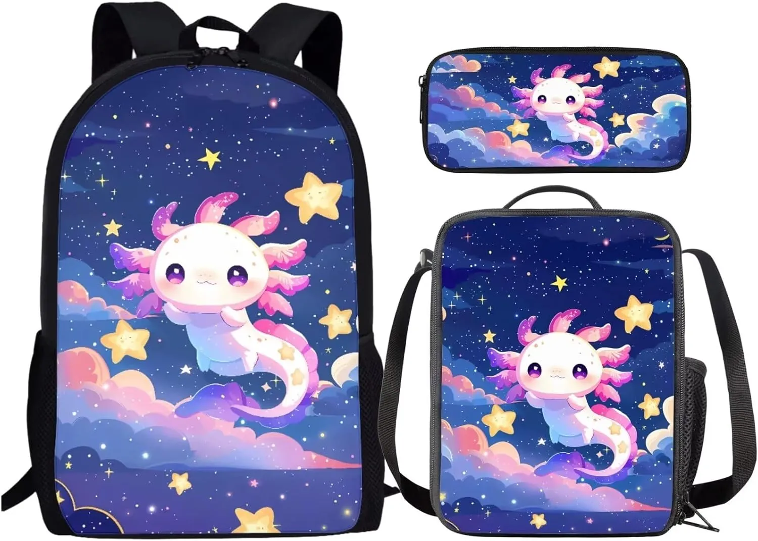 Babrukda Cute Axolotl Star Print School Bookbag Set Kids Teens Book Bag with Thermal Lunch Box Pencil Case 3pcs Backpack Set for Grade 1 2Nd Grade 3Rd Student Girls Boys Daypack with Side Pocket