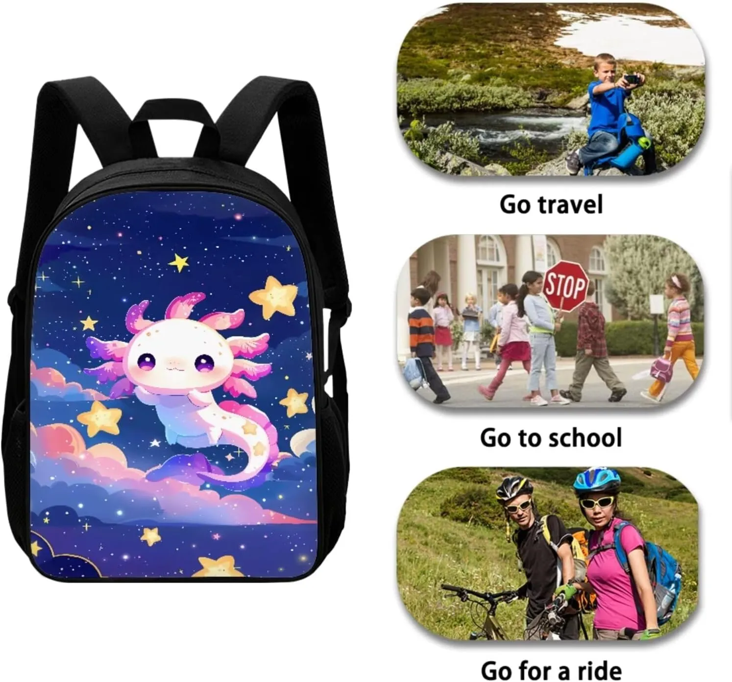 Babrukda Cute Axolotl Star Print School Bookbag Set Kids Teens Book Bag with Thermal Lunch Box Pencil Case 3pcs Backpack Set for Grade 1 2Nd Grade 3Rd Student Girls Boys Daypack with Side Pocket