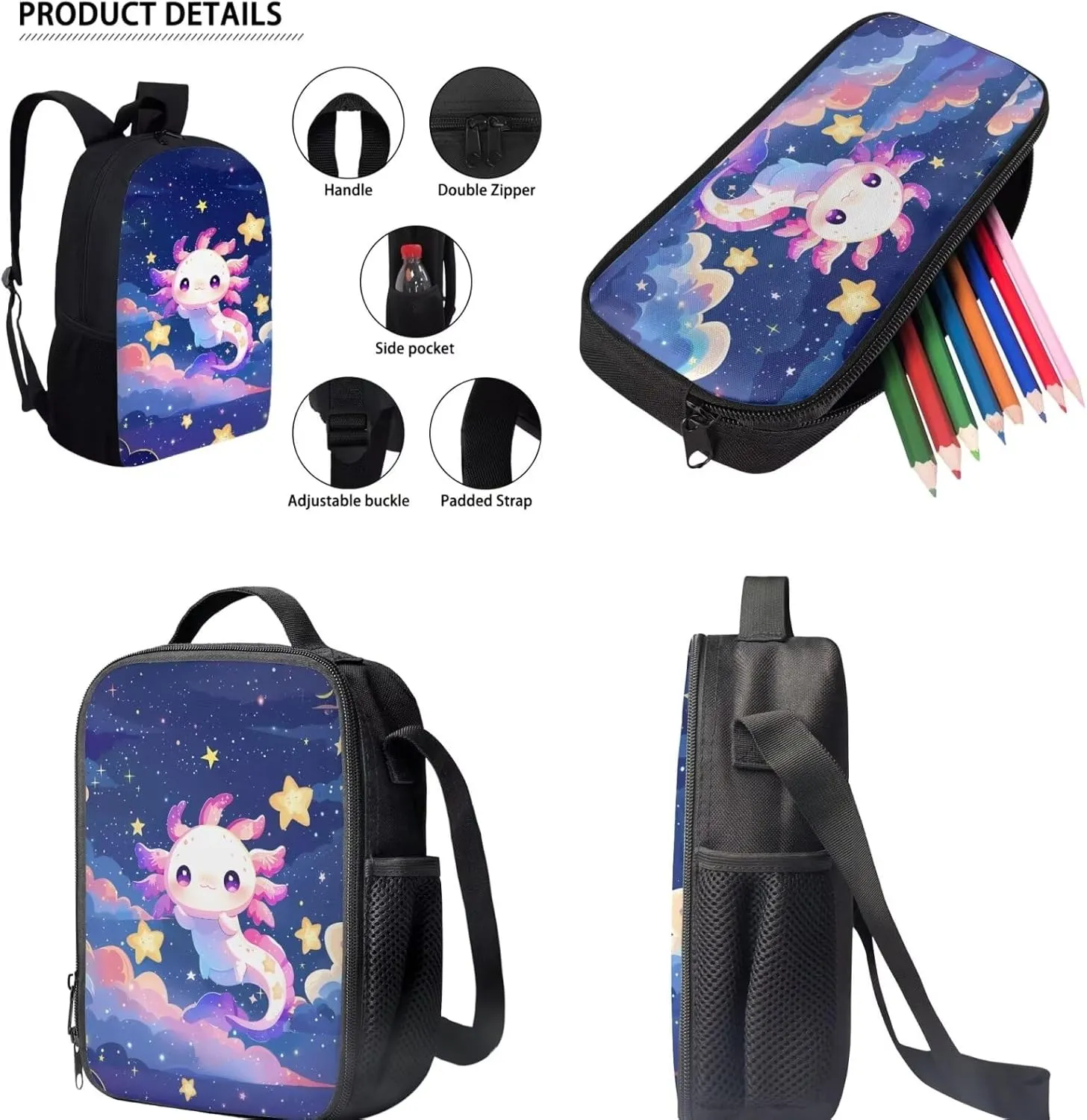 Babrukda Cute Axolotl Star Print School Bookbag Set Kids Teens Book Bag with Thermal Lunch Box Pencil Case 3pcs Backpack Set for Grade 1 2Nd Grade 3Rd Student Girls Boys Daypack with Side Pocket