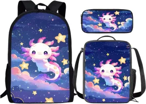 Babrukda Cute Axolotl Star Print School Bookbag Set Kids Teens Book Bag with Thermal Lunch Box Pencil Case 3pcs Backpack Set for Grade 1 2Nd Grade 3Rd Student Girls Boys Daypack with Side Pocket