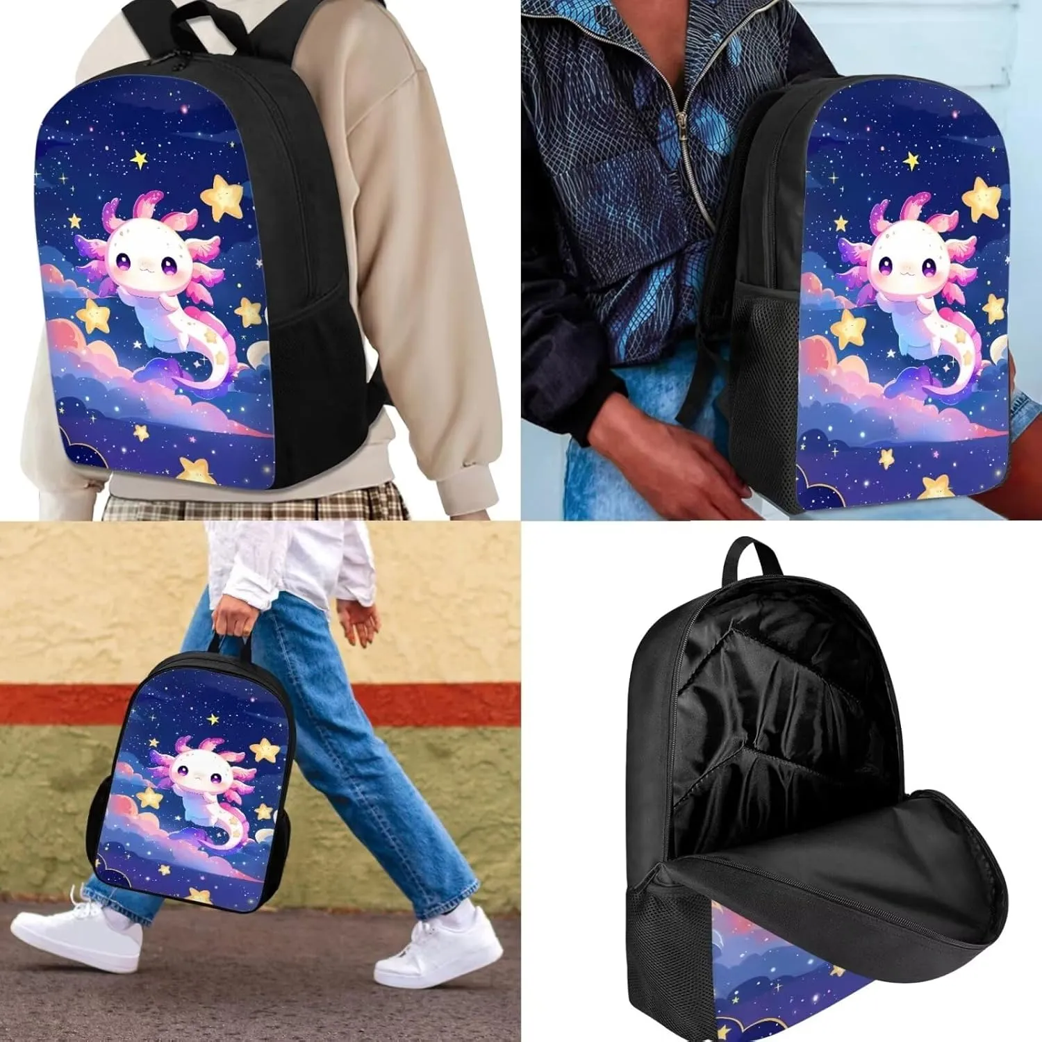 Babrukda Cute Axolotl Star Print School Bookbag Set Kids Teens Book Bag with Thermal Lunch Box Pencil Case 3pcs Backpack Set for Grade 1 2Nd Grade 3Rd Student Girls Boys Daypack with Side Pocket