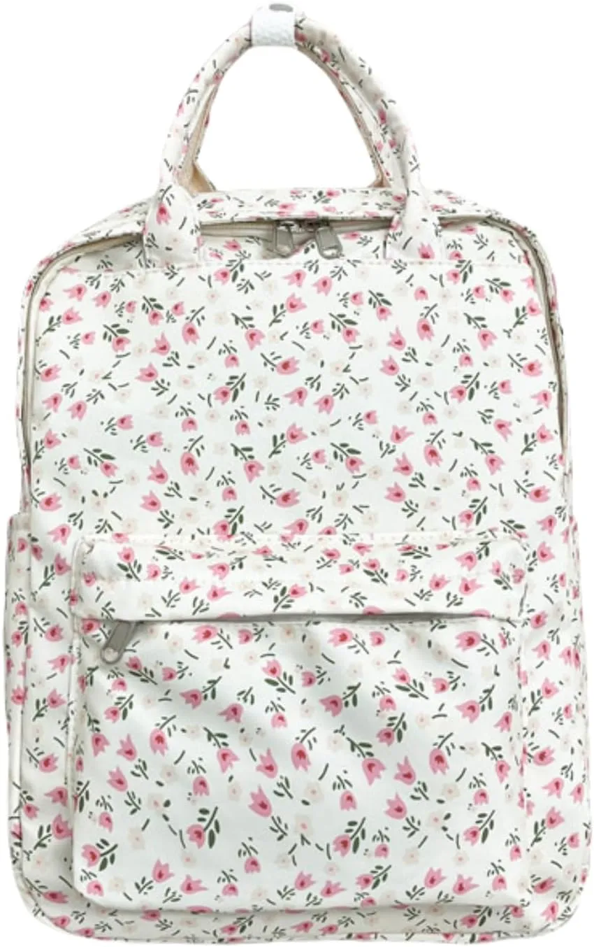Backpack for Men and Women,Flower Patterned Nylon Backpack,14 inch Laptop Bookbag for Business Work Travel (Pink)
