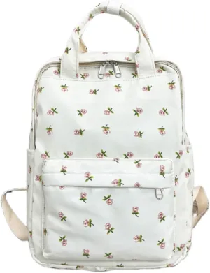 Backpack for Men and Women,Flower Patterned Nylon Backpack,14 inch Laptop Bookbag for Business Work Travel (White)