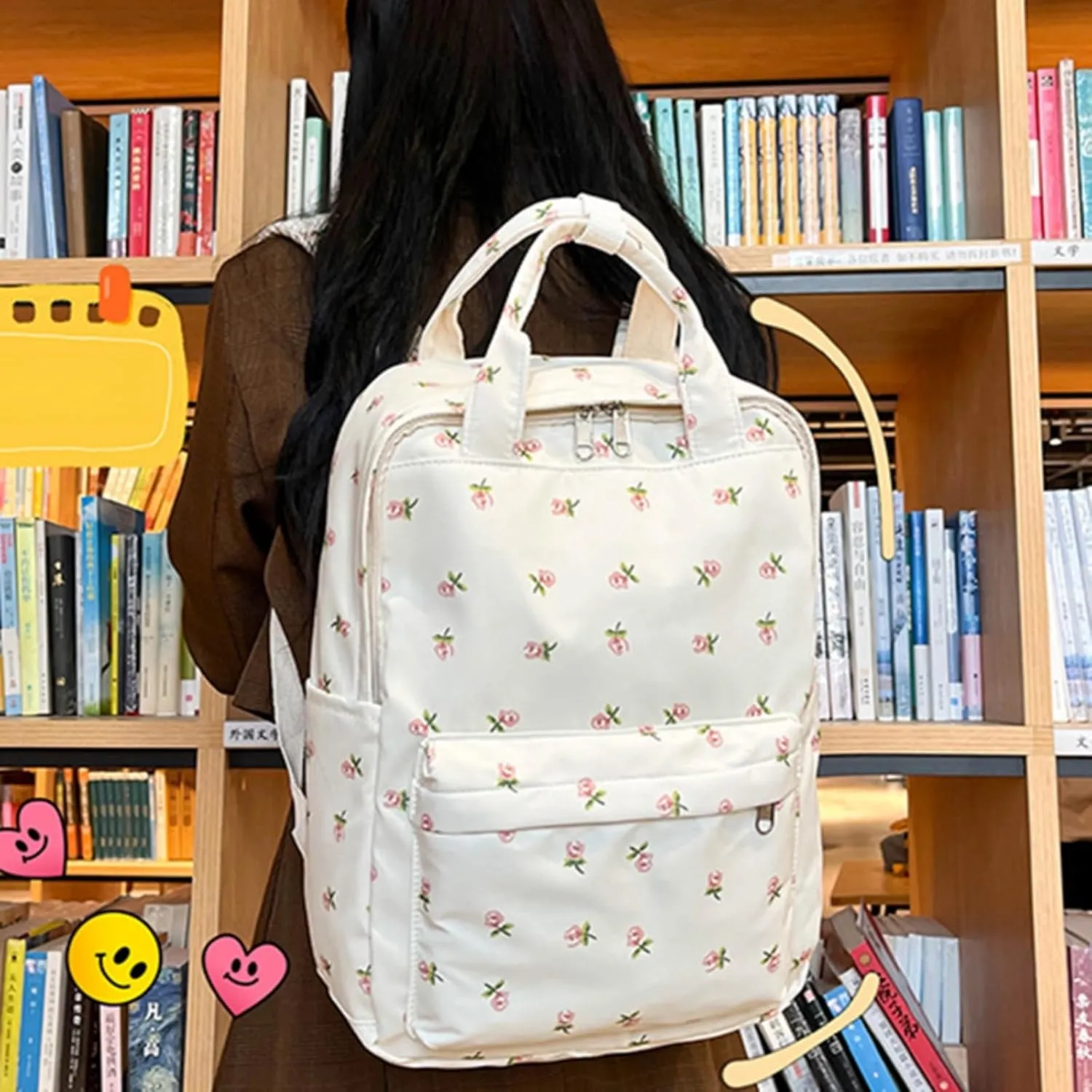 Backpack for Men and Women,Flower Patterned Nylon Backpack,14 inch Laptop Bookbag for Business Work Travel (White)