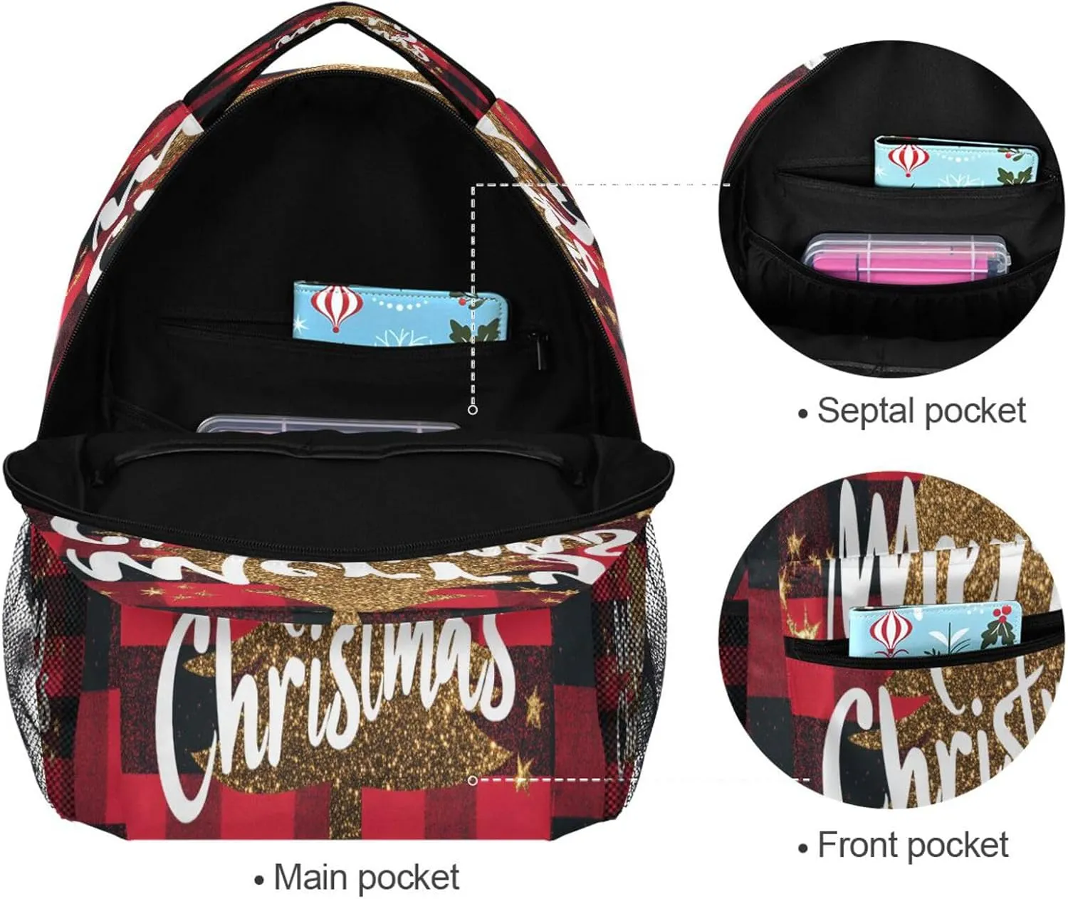 Backpack for Teens Boys Girls Fashion Sports Backpack with Chest Strap for Business Work College Travel Trip Merry Christmas Buffalo Plaid Red