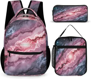 Backpack Lunch Bag Pencil Pouch Set, Marble Patterned Milky Way Print Lightweight & Durable 3-Piece Combo Ideal for Work, And Travel
