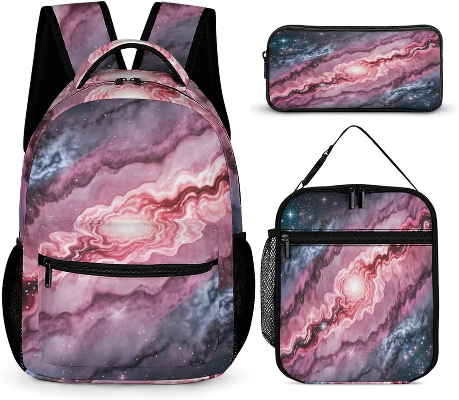 Backpack Lunch Bag Pencil Pouch Set, Marble Patterned Milky Way Print Lightweight & Durable 3-Piece Combo Ideal for Work, And Travel