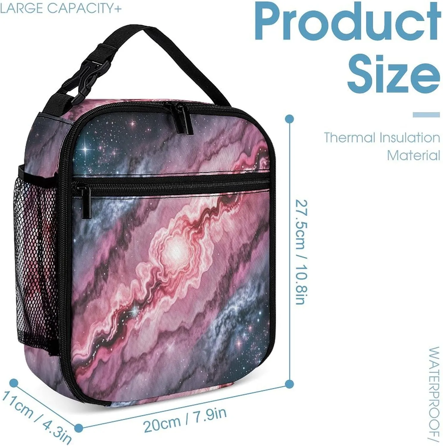 Backpack Lunch Bag Pencil Pouch Set, Marble Patterned Milky Way Print Lightweight & Durable 3-Piece Combo Ideal for Work, And Travel