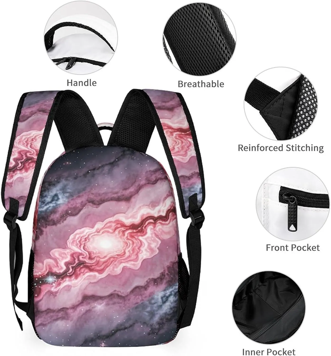 Backpack Lunch Bag Pencil Pouch Set, Marble Patterned Milky Way Print Lightweight & Durable 3-Piece Combo Ideal for Work, And Travel