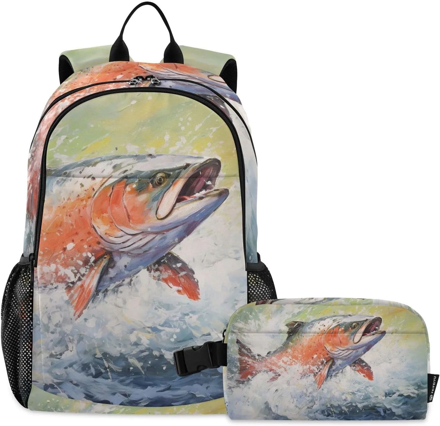 Backpack with Lunch Box Water Trout Jump Daypack Book Bag Shoulder Bag with Lunch Bag Set for Women Men Laptop Travel Daypack