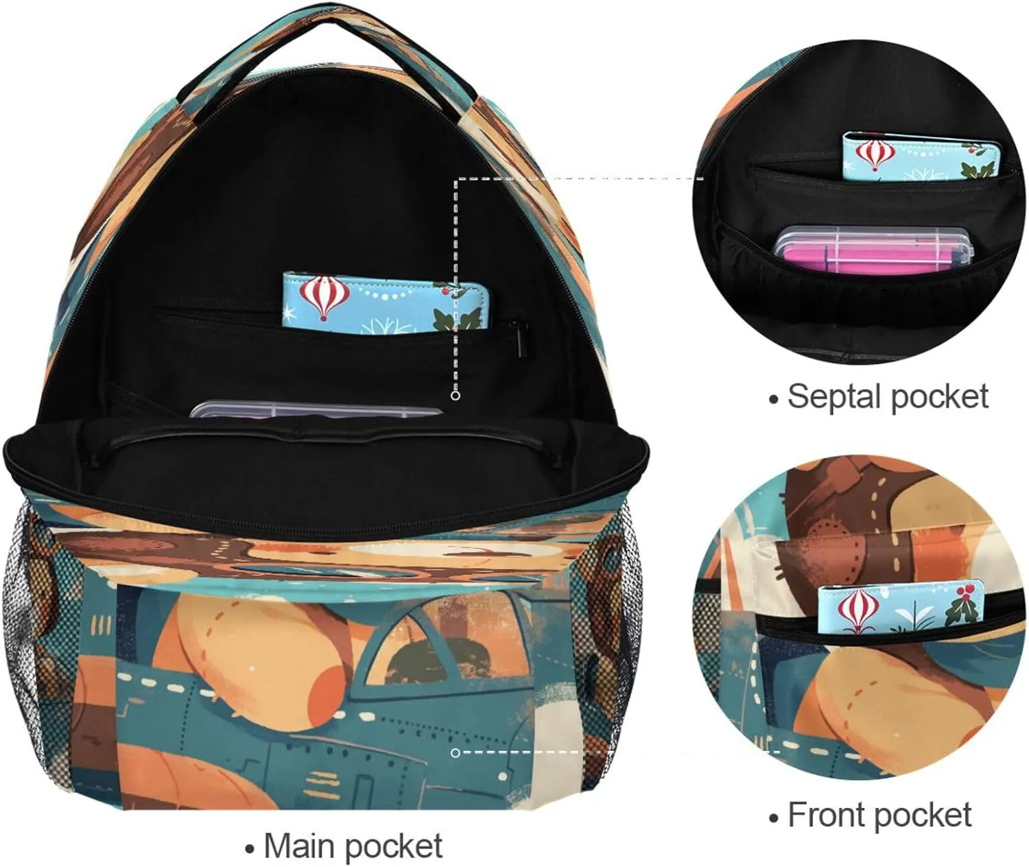 Backpacks for Men Women Waterproof Backpack With Water Bottle Pocket with Chest Strap for Travel Trip A Cute Teddy Bear Sitting in Window Of An Airplane