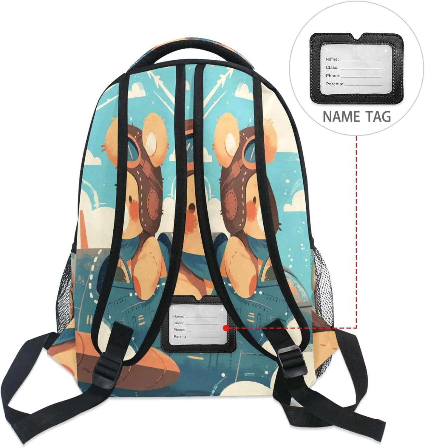 Backpacks for Men Women Waterproof Backpack With Water Bottle Pocket with Chest Strap for Travel Trip A Cute Teddy Bear Sitting in Window Of An Airplane