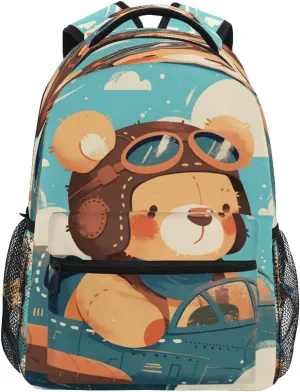 Backpacks for Men Women Waterproof Backpack With Water Bottle Pocket with Chest Strap for Travel Trip A Cute Teddy Bear Sitting in Window Of An Airplane
