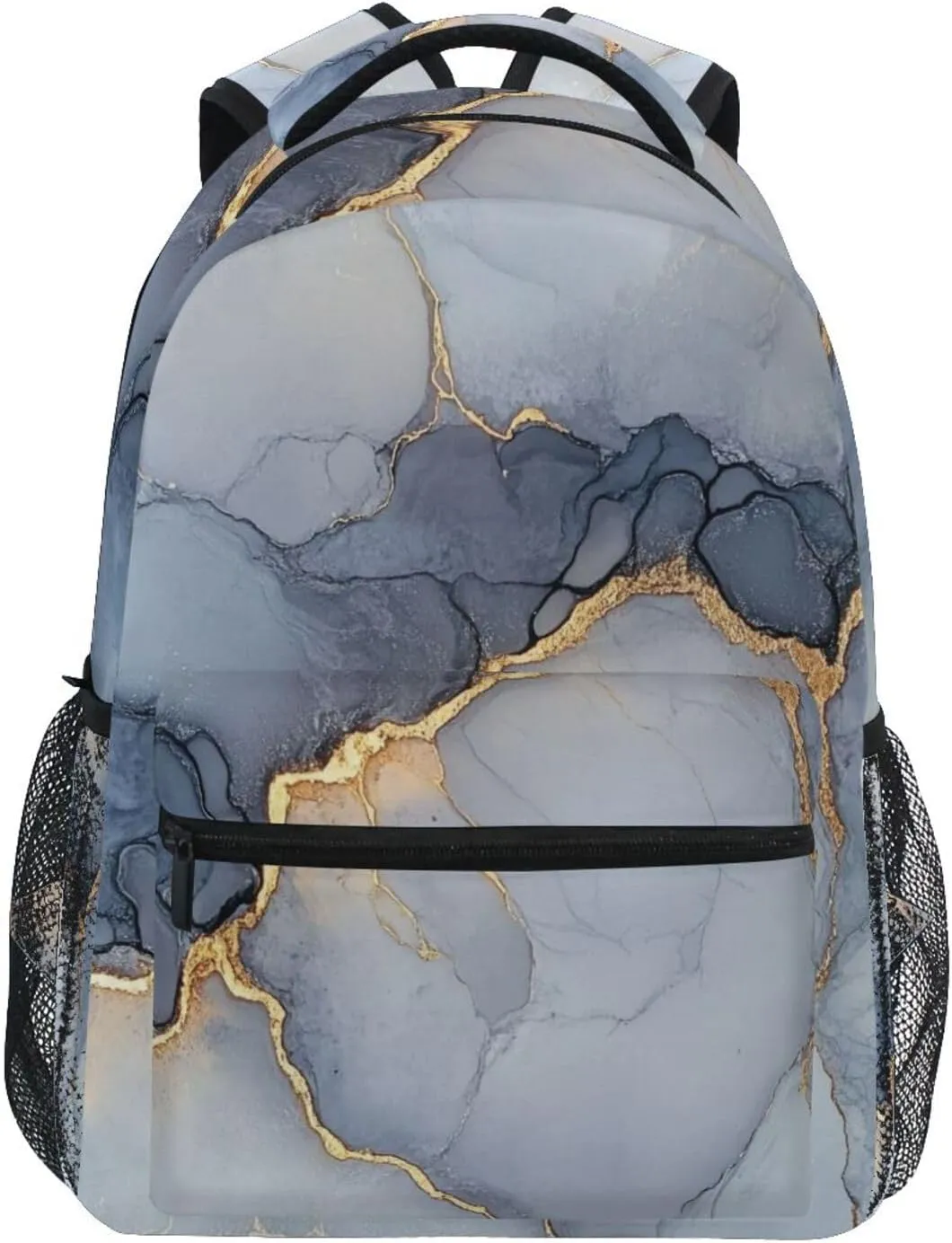 Backpacks for Teenager Waterproof Backpack With Water Bottle Pocket with Chest Strap for Travel Trip Marble Grey Silver