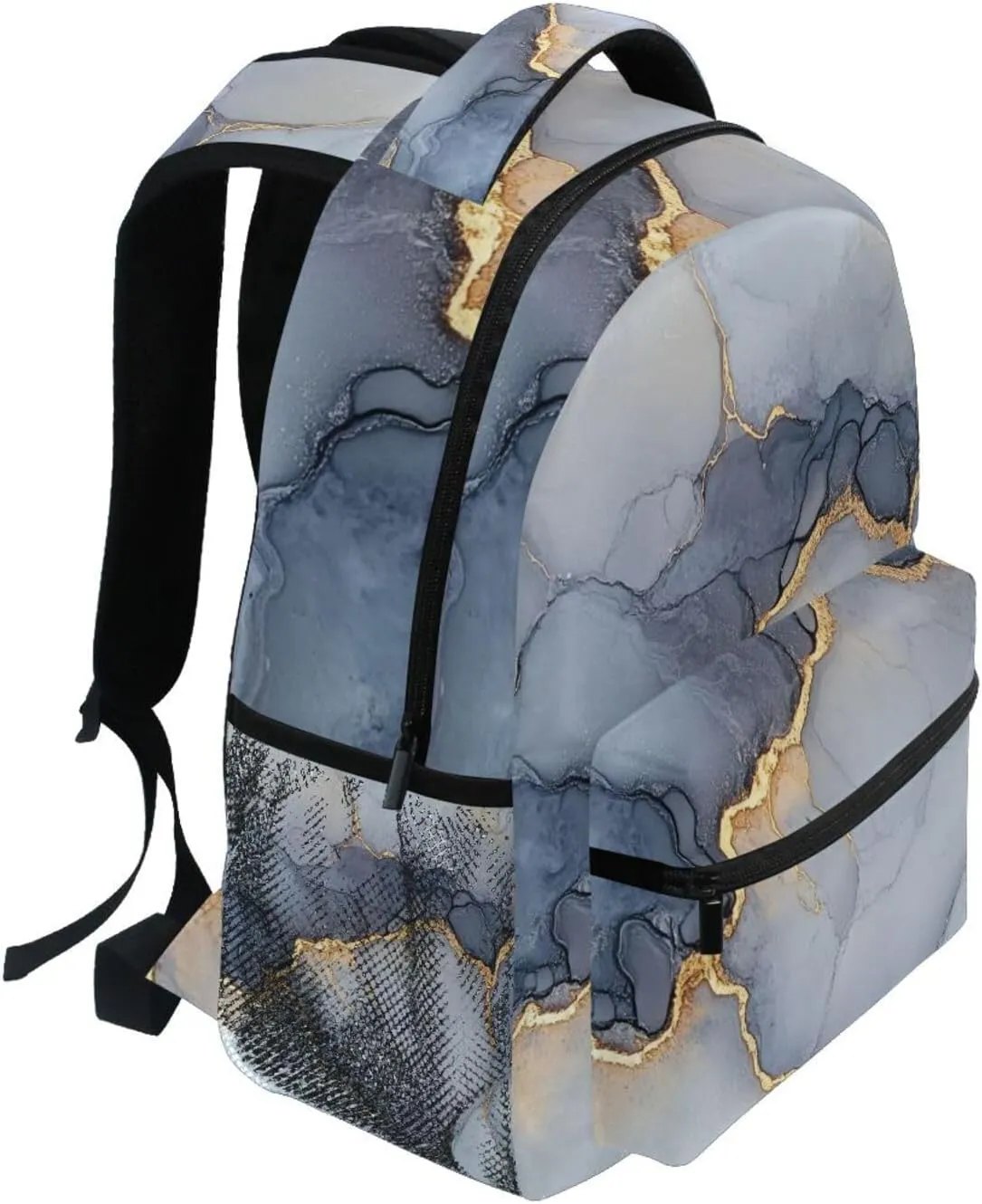 Backpacks for Teenager Waterproof Backpack With Water Bottle Pocket with Chest Strap for Travel Trip Marble Grey Silver