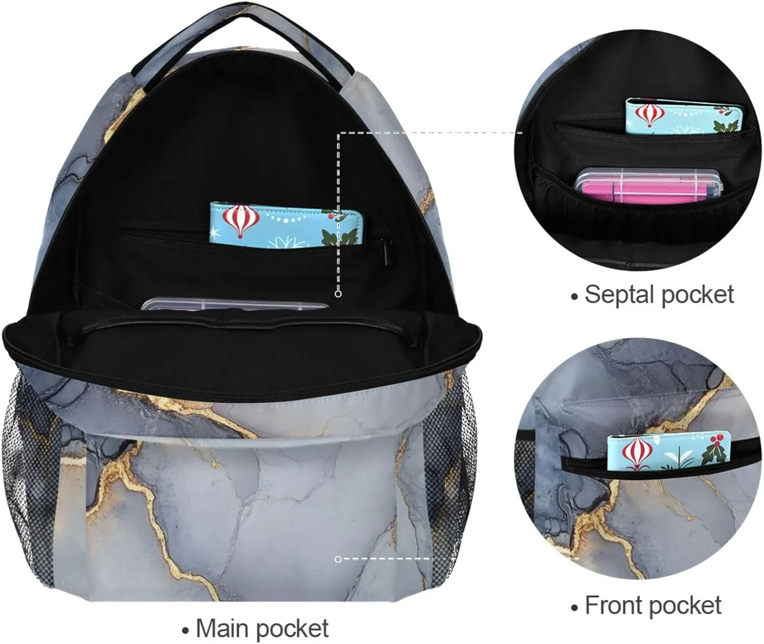Backpacks for Teenager Waterproof Backpack With Water Bottle Pocket with Chest Strap for Travel Trip Marble Grey Silver