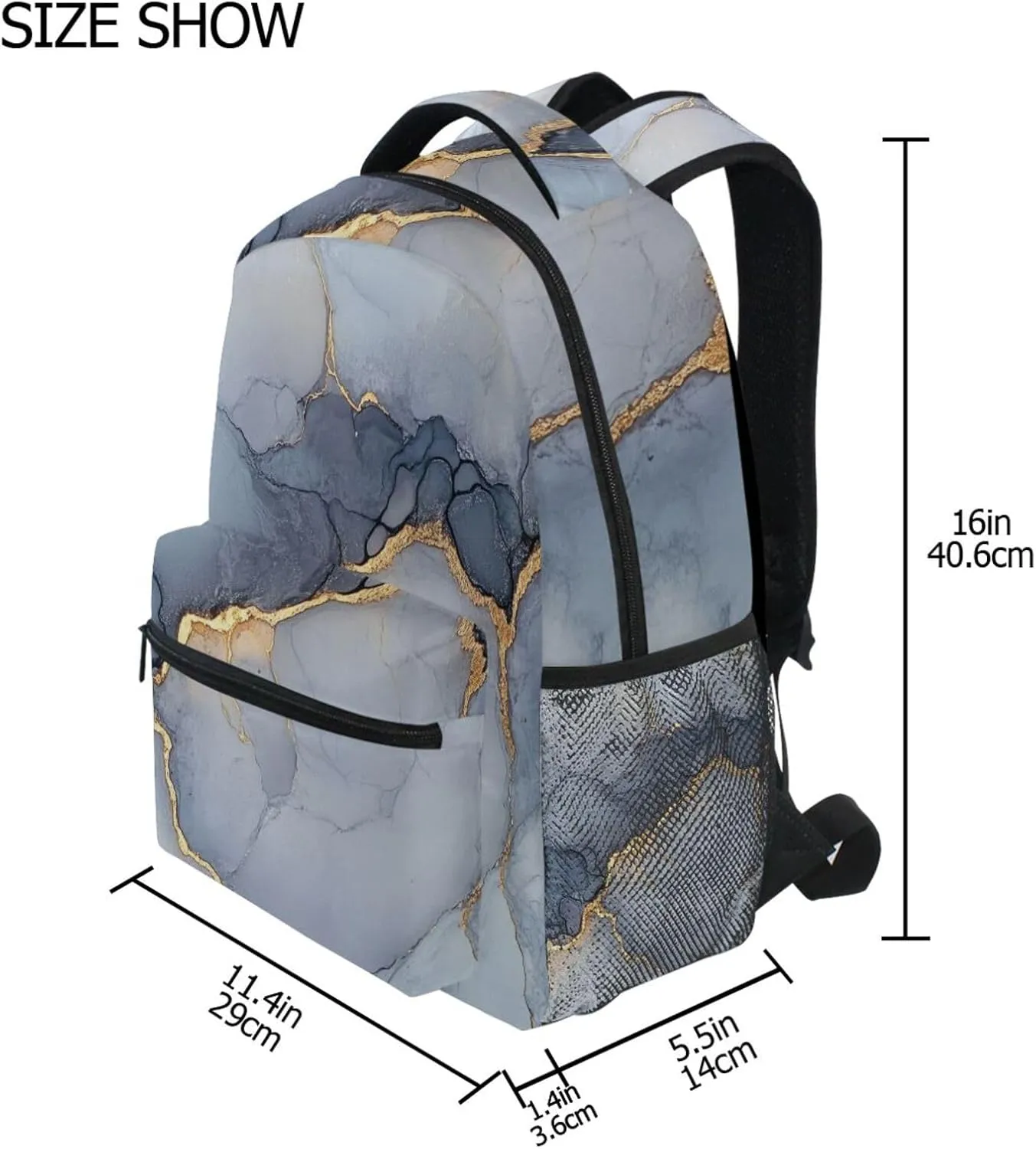 Backpacks for Teenager Waterproof Backpack With Water Bottle Pocket with Chest Strap for Travel Trip Marble Grey Silver