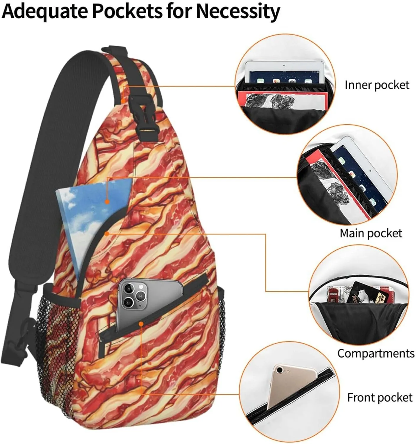 Bacon Sling Backpack Chest Bag Crossbody Shoulder Bag Gym Cycling Travel Hiking Daypack For Men Women