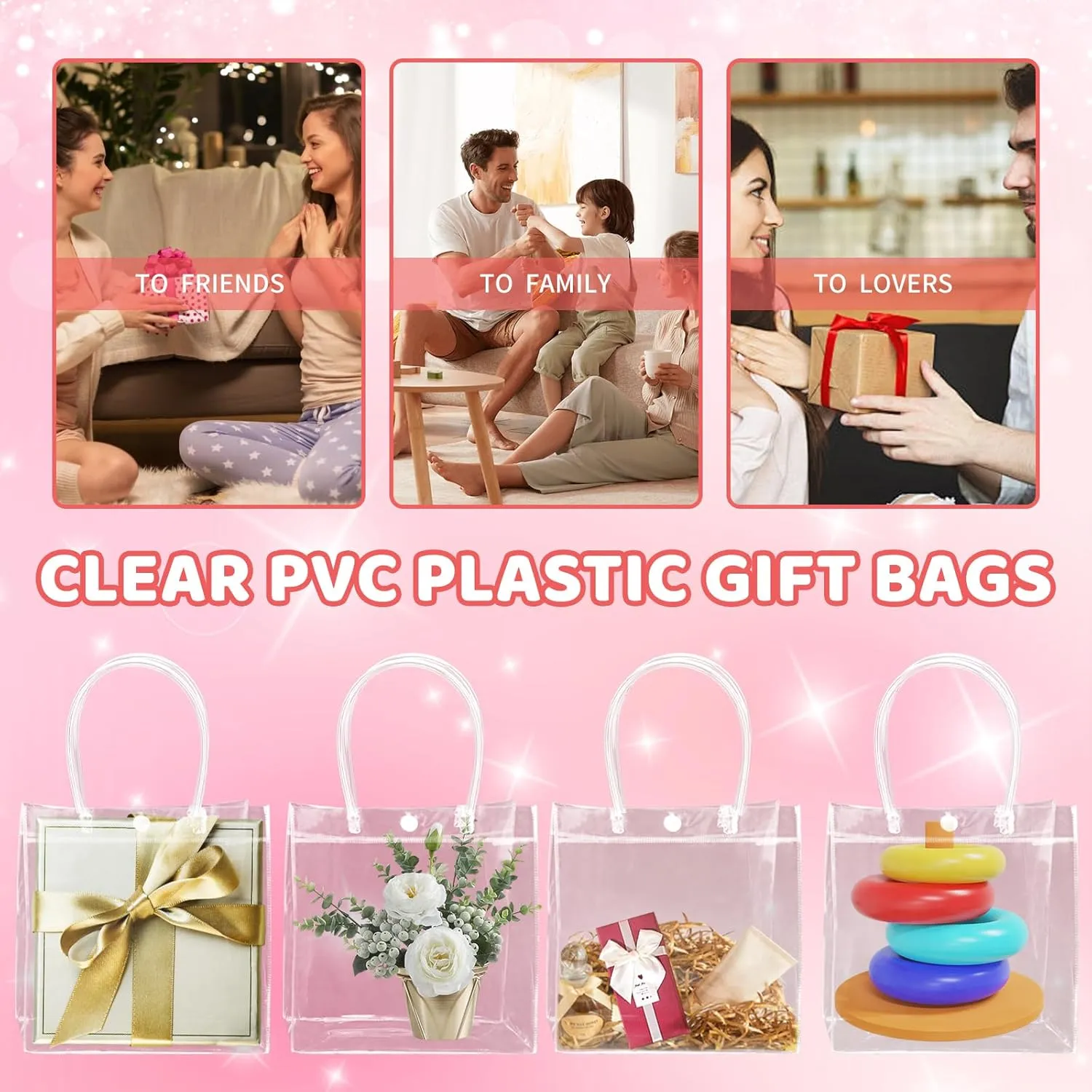 BadenBach 12 PCS Clear Gift Bags with Handle, 7.87" x 7.87" x 3.15",Small Transparent Plastic Gift Bags Bulk Reusable Clear Party Favors Goodie Bag for Birthday Party Wedding Baby Shower Mother's Day