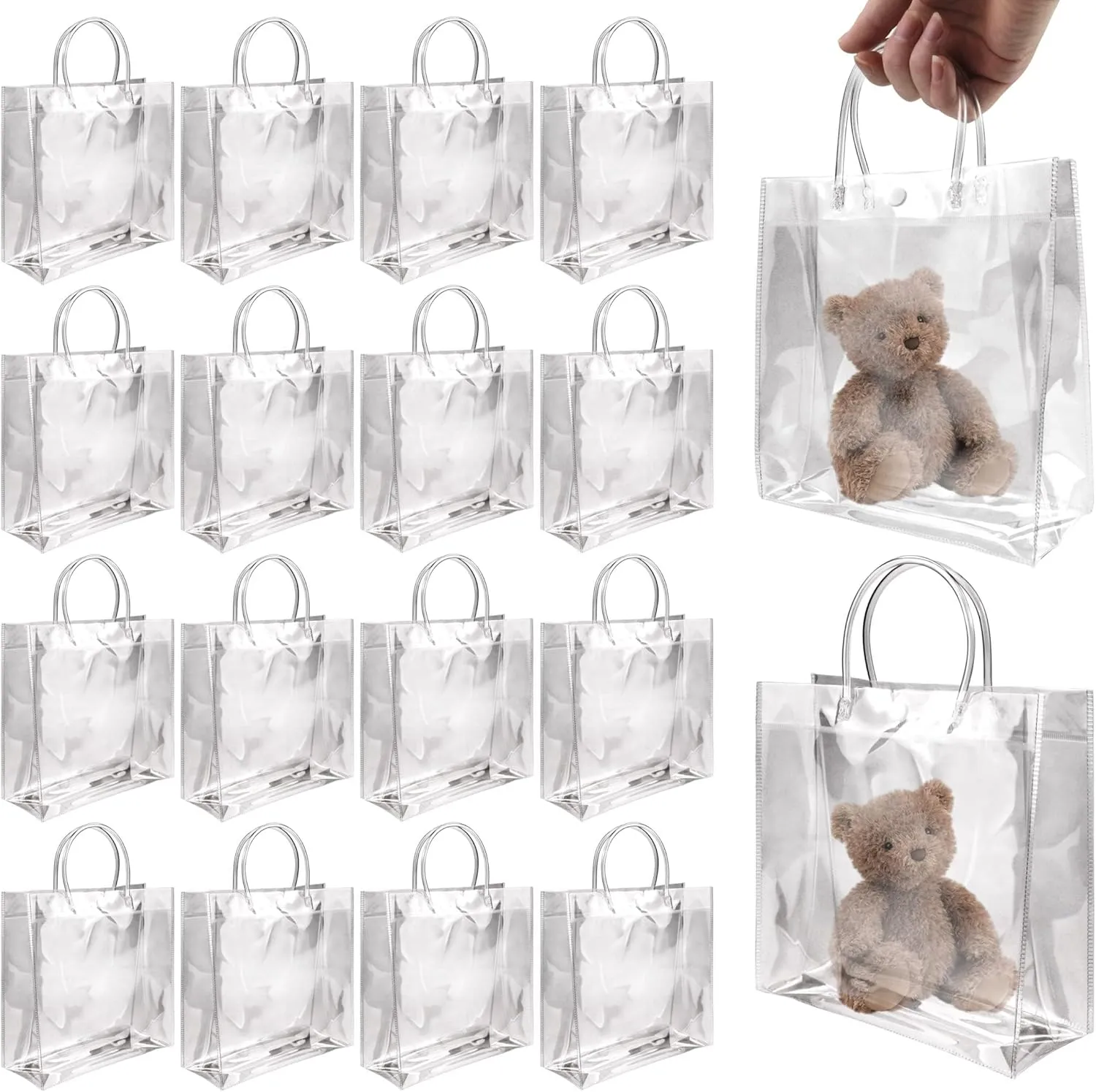 BadenBach 16 PCS Clear Gift Bags with Handle,9.84" x 9.84" x 3.54",Large Transparent Plastic Gift Wrap Bag Reusable Clear Party Favor Goodie Bags for Boutique Wedding Birthday Baby Shower Mother's Day