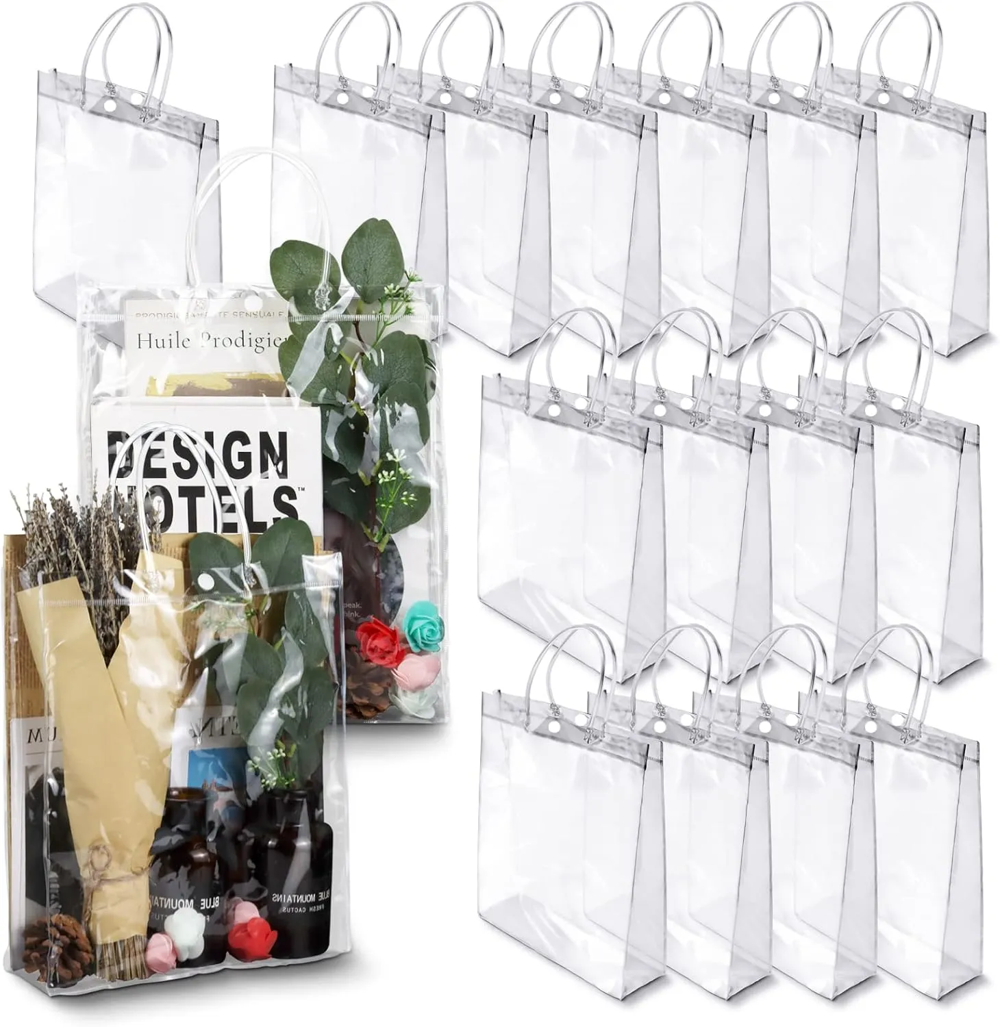 BadenBach 20 PCS Large Clear Gift Bags with Handles,9.8" x 11.8" x 3.1",Transparent Plastic Gift Wrap Bags Reusable Clear Party Favor Goodie Bag for Wedding Birthday Bridal Baby Shower Mother's Day