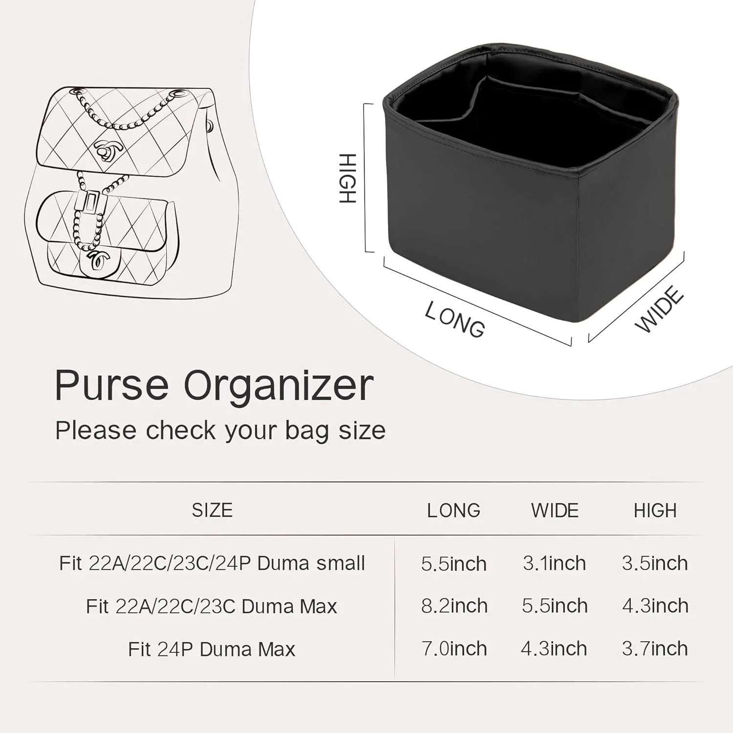 Bag Organizer for Chanel Duma Bags, Luxurious Black
