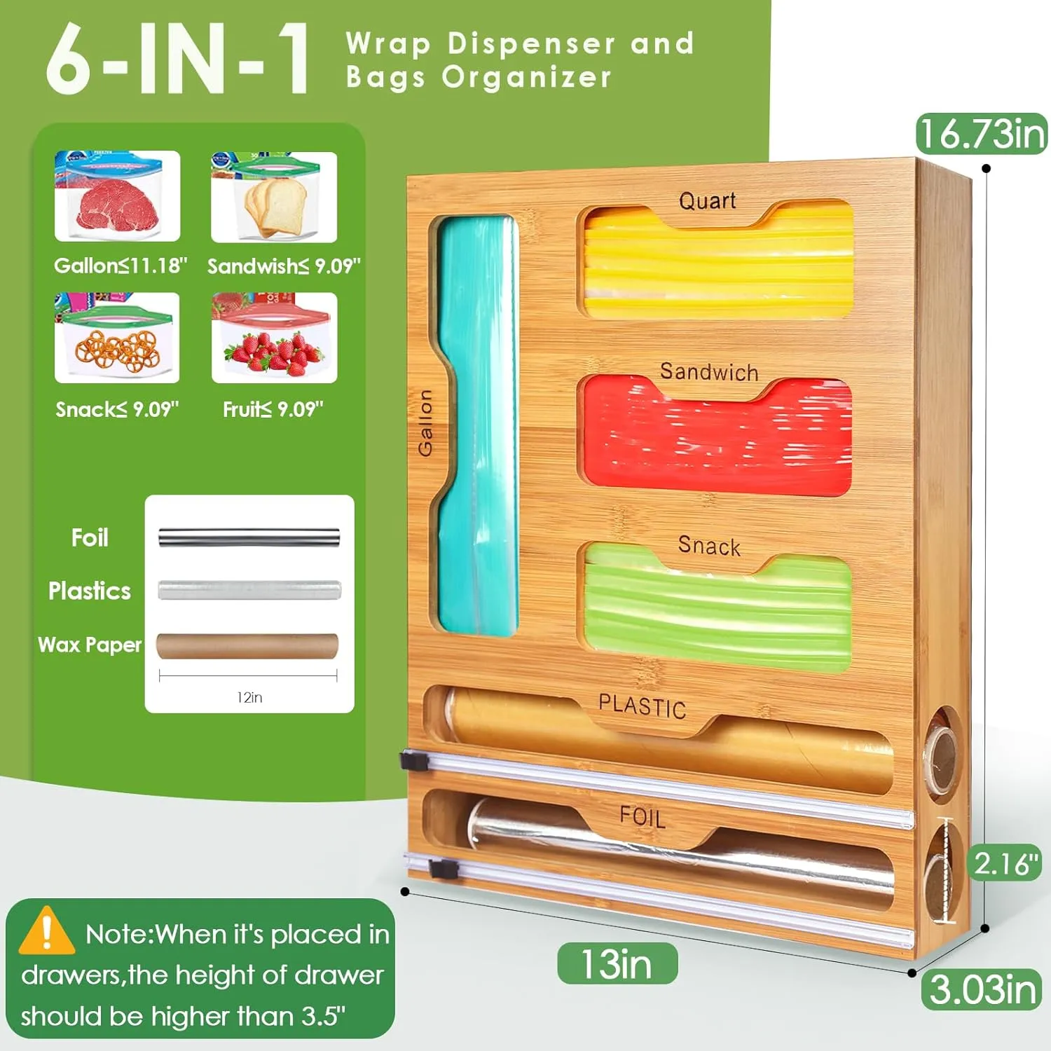 Bag Storage 6 IN 1 Foil and Plastic Wrap Organizer for Kitchen Drawer, Plastic Wrap Dispenser with Cutter, 100% bamboo foil and plastic wrap organizer, bag organizer for Drawer Gallon, Quart