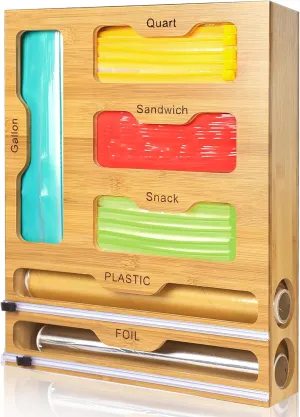Bag Storage 6 IN 1 Foil and Plastic Wrap Organizer for Kitchen Drawer, Plastic Wrap Dispenser with Cutter, 100% bamboo foil and plastic wrap organizer, bag organizer for Drawer Gallon, Quart