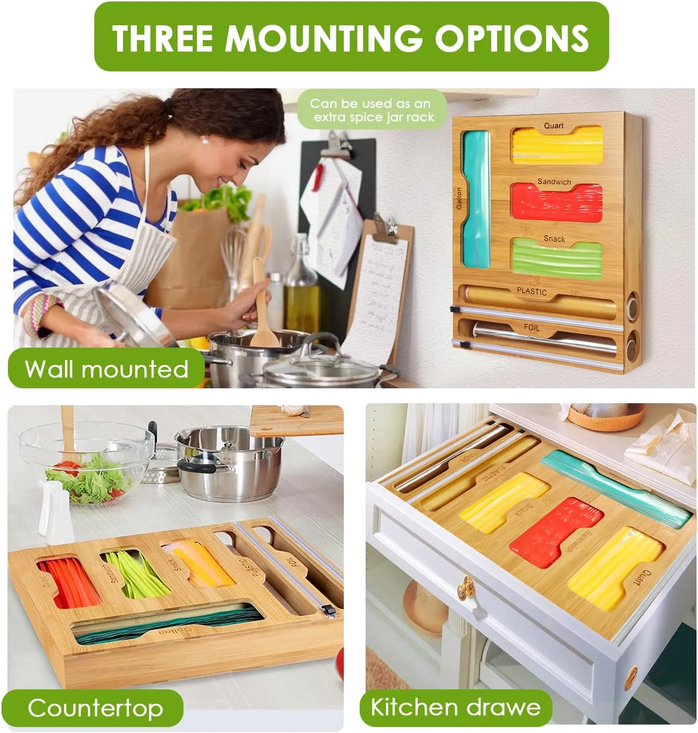 Bag Storage 6 IN 1 Foil and Plastic Wrap Organizer for Kitchen Drawer, Plastic Wrap Dispenser with Cutter, 100% bamboo foil and plastic wrap organizer, bag organizer for Drawer Gallon, Quart